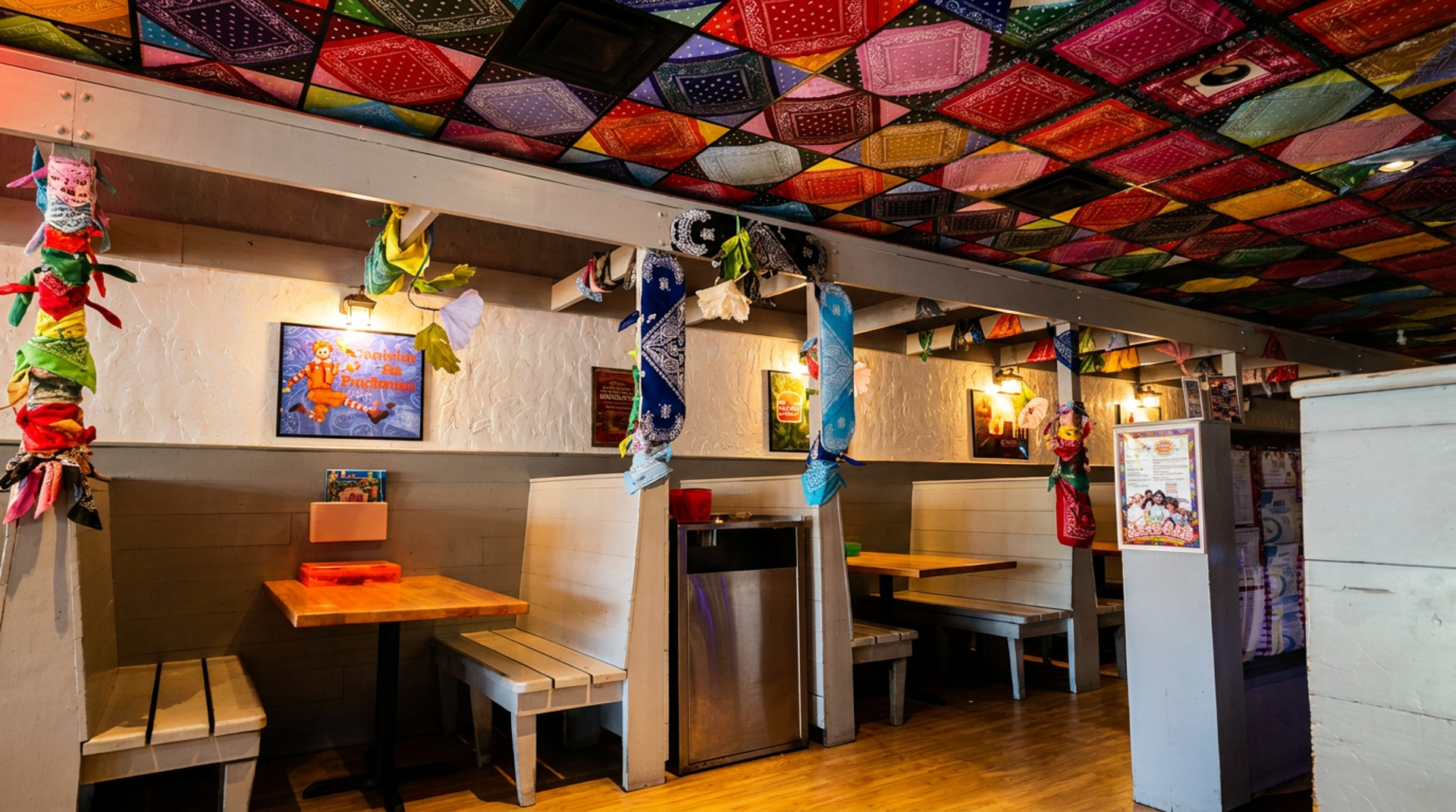 The bandana-covered ceiling