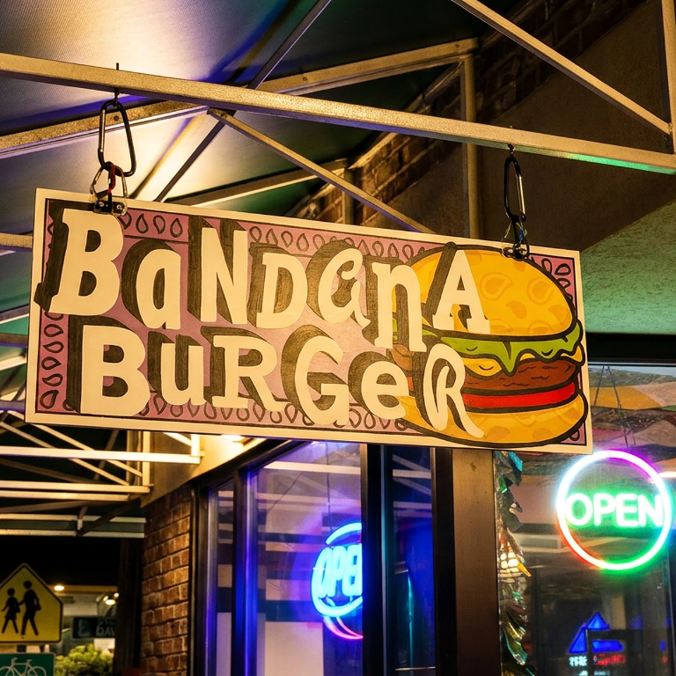 A colorful "BaNdAnA BuRgEr" sign with a burger graphic hangs above an "OPEN" neon sign.