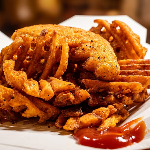 Crispy seasoned waffle fries in a white paper container with a dollop of ketchup.
